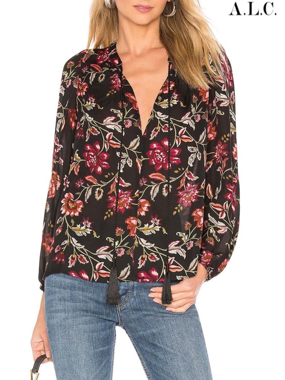 A.L.C. NWT ROYAN VREELAND FLORAL 100% SILK L/S BLACK TERRE BLOUSE. SIZE 2(S)